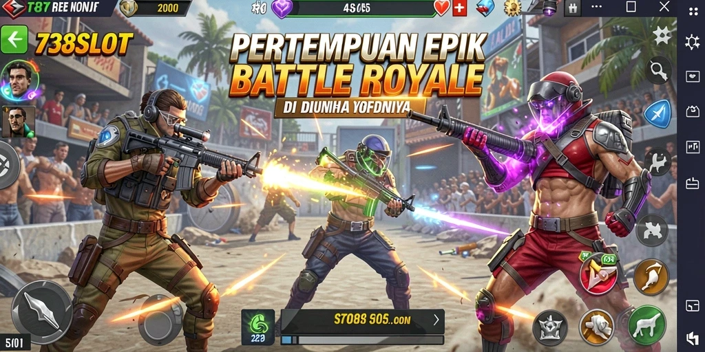Screenshot gameplay 738SLOT memperlihatkan pertempuran seru di arena Battle Royale.