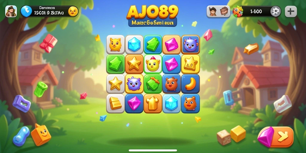 Screenshot AJO89 menunjukkan gameplay seru dengan elemen Match-3 yang berwarna-warni.