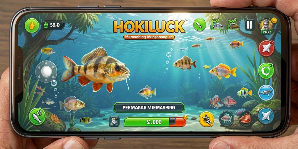 Tampilan gameplay <strong>HOKILUCK</strong> saat memancing dengan tema alami.