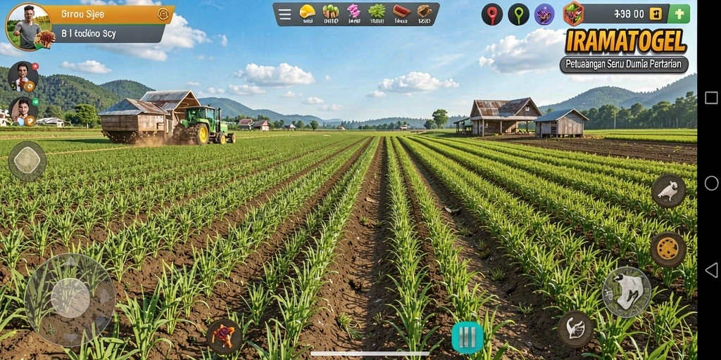 Tampilan gameplay menarik dalam <strong>IRAMATOGEL</strong> yang menunjukkan kebun yang subur dan hewan ternak.