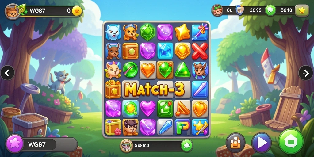 Gameplay seru dan penuh warna dalam permainan Match-3 WG87.