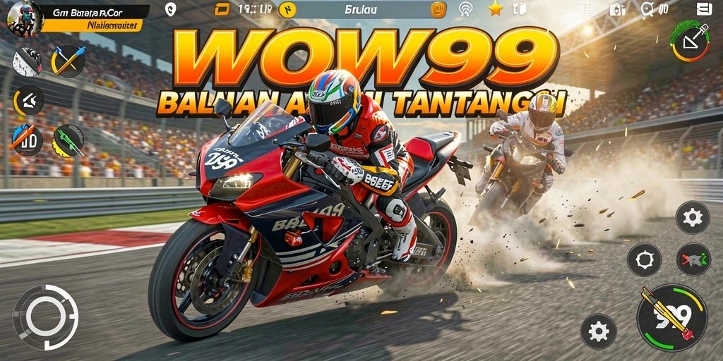 Tampilan gameplay intens dari WOW99 dengan motor balap yang beraksi.